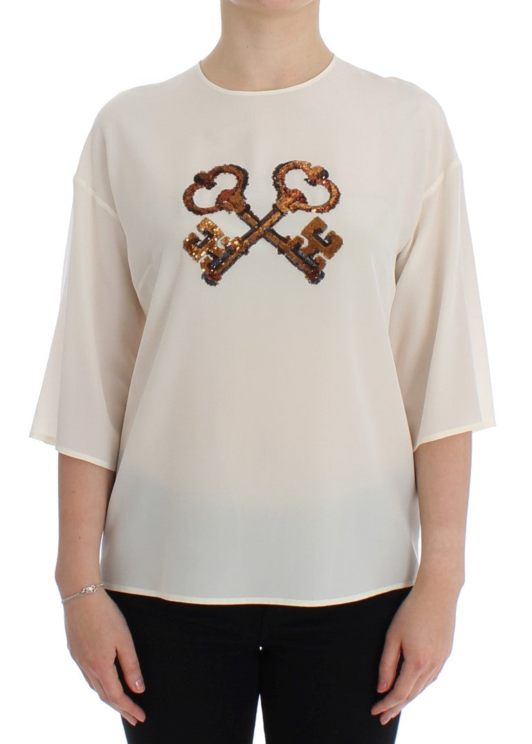Dolce & Gabbana White Sequined Key Silk Blouse T-shirt Top | Regal Royce