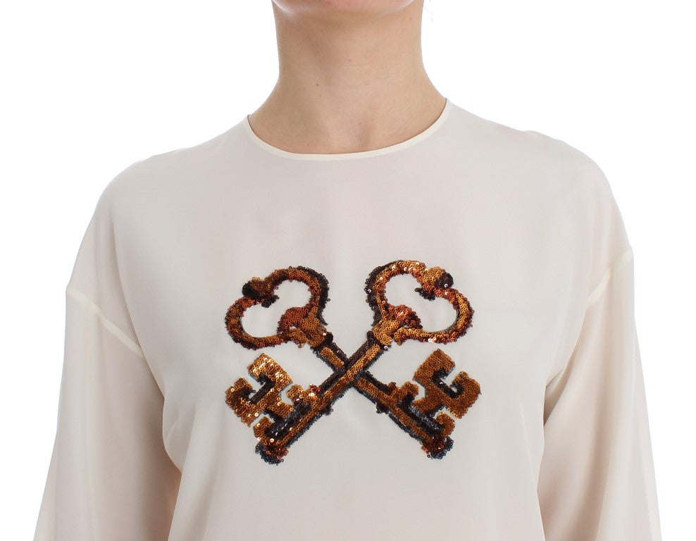 Dolce & Gabbana White Sequined Key Silk Blouse T-shirt Top | Regal Royce