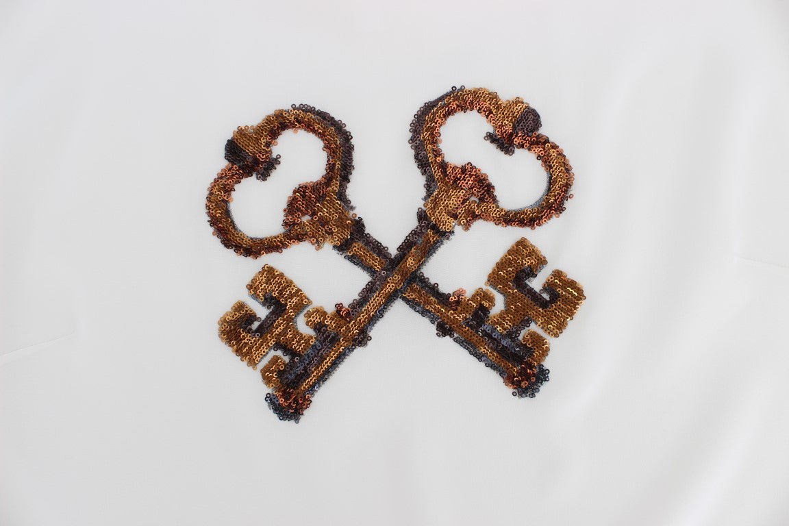 Dolce & Gabbana White Sequined Key Silk Blouse T-shirt Top | Regal Royce