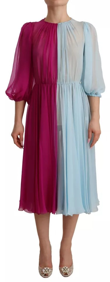 Dolce & Gabbana Fuchsia Light Blue Silk Two Tone Midi Dress | Regal Royce