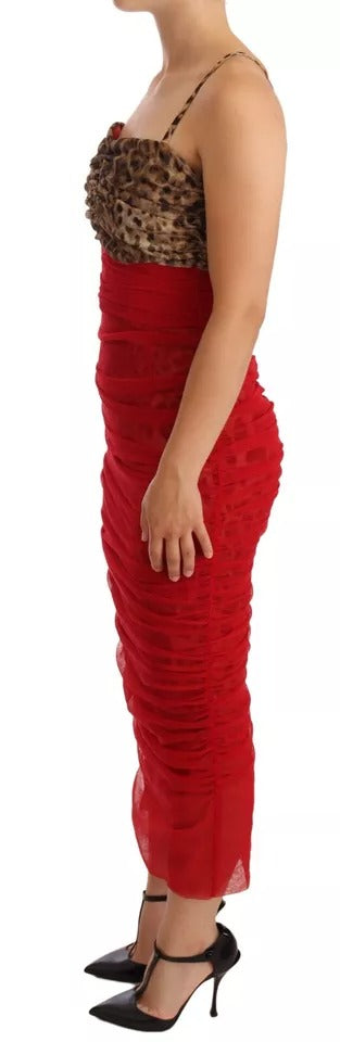 Dolce & Gabbana Brown Leopard Red Tulle Sheath Midi Dress | Regal Royce