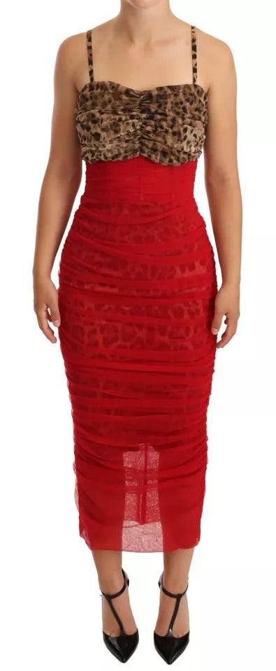 Dolce & Gabbana Brown Leopard Red Tulle Sheath Midi Dress | Regal Royce