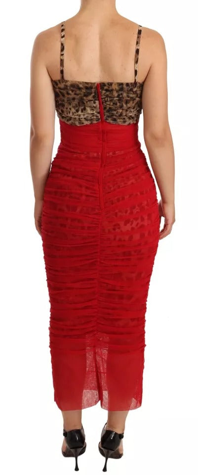Dolce & Gabbana Brown Leopard Red Tulle Sheath Midi Dress | Regal Royce
