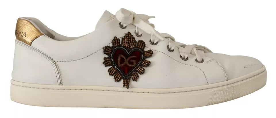 Dolce & Gabbana White Leather Heart Low Top Casual Sneakers Shoes | Regal Royce