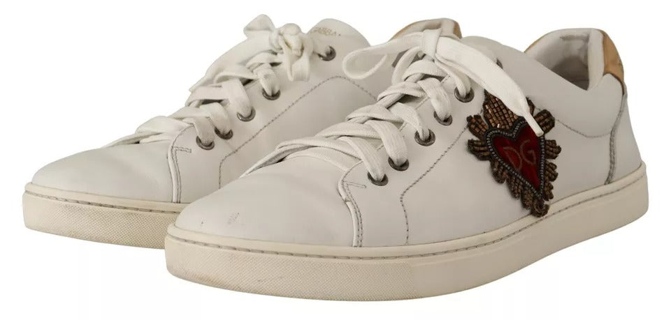 Dolce & Gabbana White Leather Heart Low Top Casual Sneakers Shoes | Regal Royce