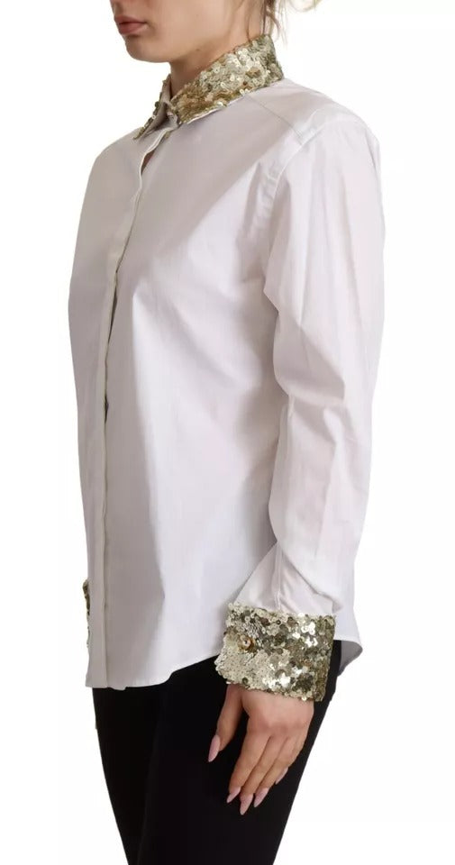 Dolce & Gabbana White Cotton Collared Long Sleeves Sequin Top Shirt | Regal Royce