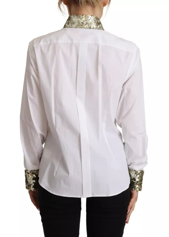 Dolce & Gabbana White Cotton Collared Long Sleeves Sequin Top Shirt | Regal Royce