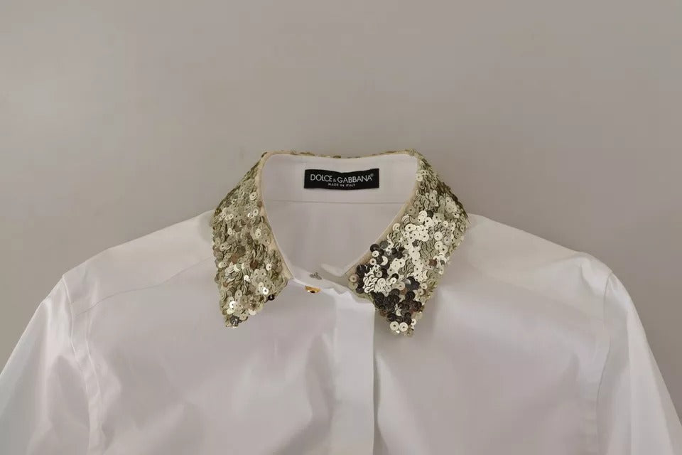 Dolce & Gabbana White Cotton Collared Long Sleeves Sequin Top Shirt | Regal Royce