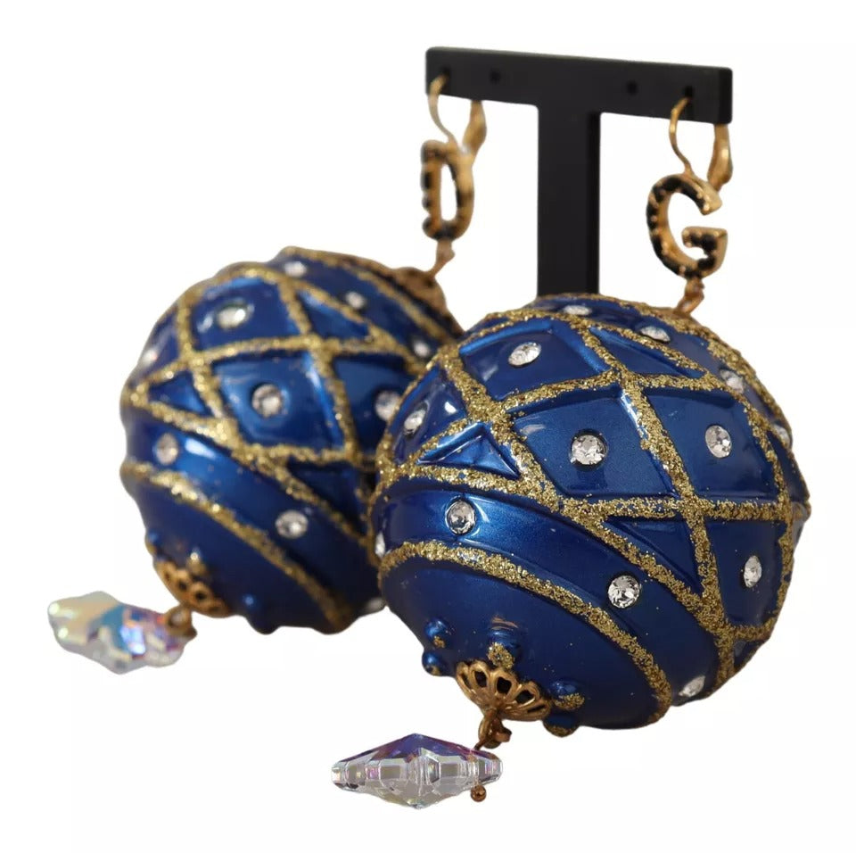 Dolce & Gabbana Gold Brass Blue Christmas Ball Crystal Hook Jewelry Earrings | Regal Royce