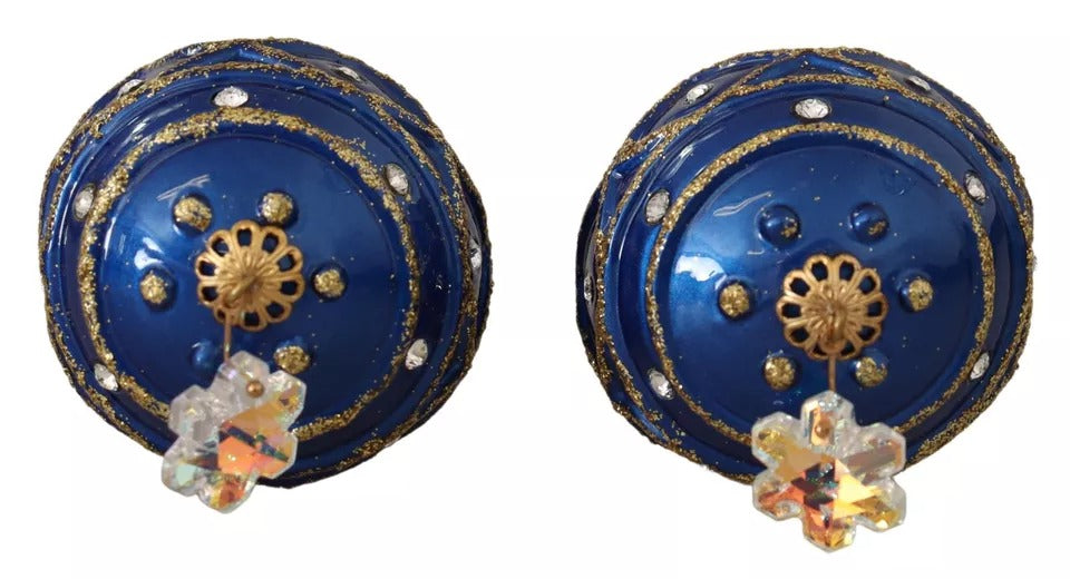 Dolce & Gabbana Gold Brass Blue Christmas Ball Crystal Hook Jewelry Earrings | Regal Royce
