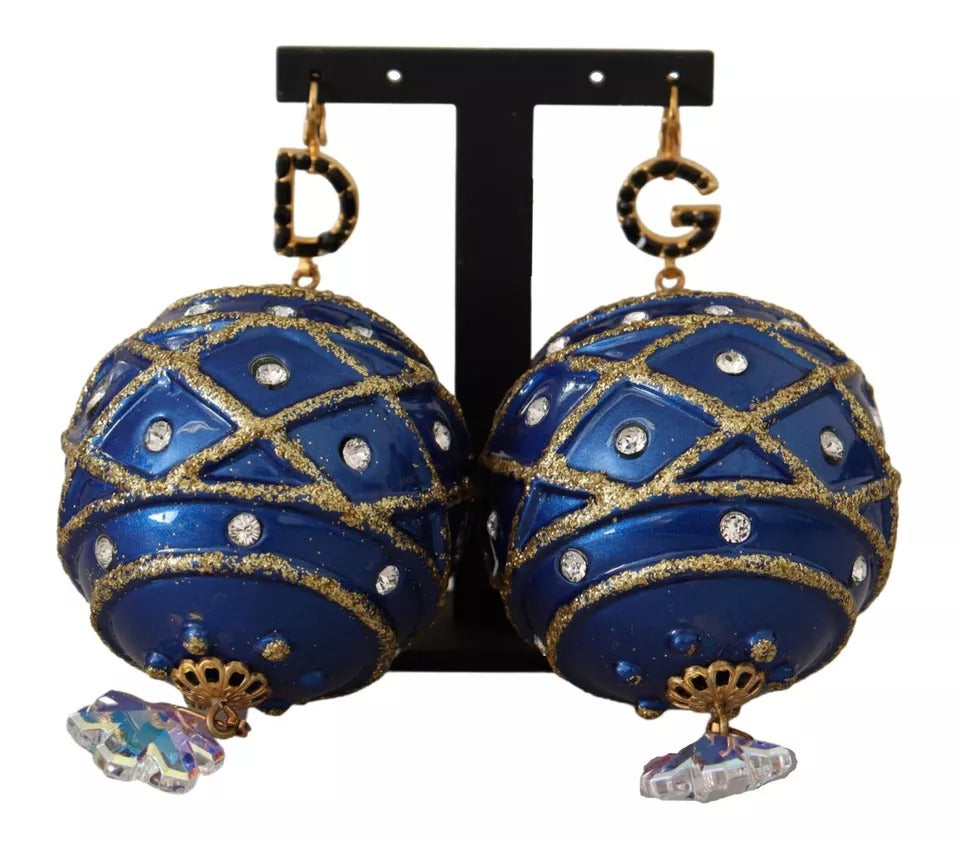 Dolce & Gabbana Gold Brass Blue Christmas Ball Crystal Hook Jewelry Earrings | Regal Royce