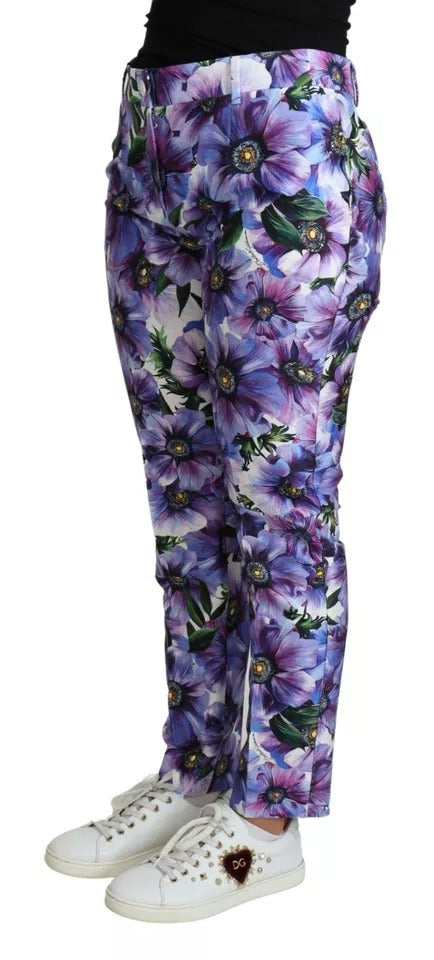 Dolce & Gabbana Purple Floral Print Tapered Cotton Pants | Regal Royce