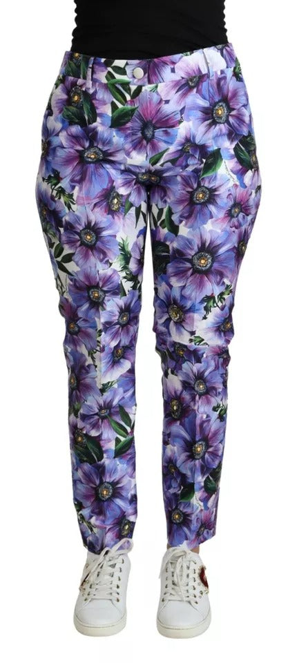 Dolce & Gabbana Purple Floral Print Tapered Cotton Pants | Regal Royce