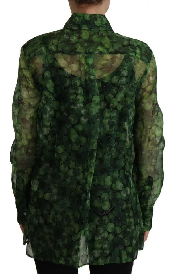 Dolce & Gabbana Green Clover Print Long Sleeves Collared Top Blouse | Regal Royce