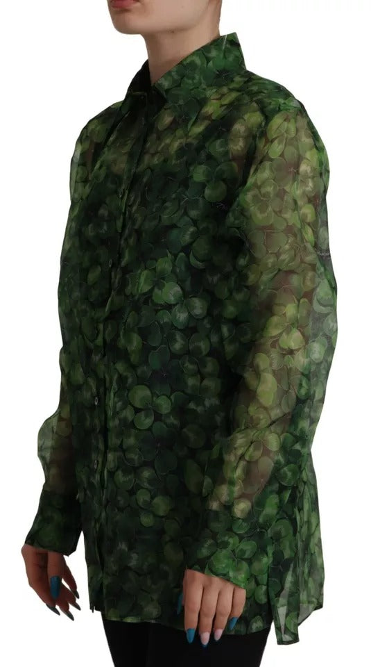 Dolce & Gabbana Green Clover Print Long Sleeves Collared Top Blouse | Regal Royce