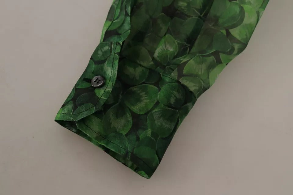 Dolce & Gabbana Green Clover Print Long Sleeves Collared Top Blouse | Regal Royce