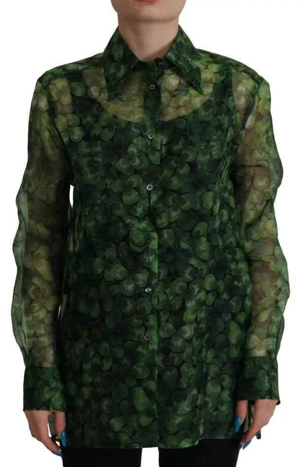 Dolce & Gabbana Green Clover Print Long Sleeves Collared Top Blouse | Regal Royce