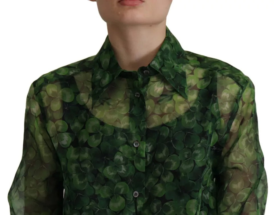 Dolce & Gabbana Green Clover Print Long Sleeves Collared Top Blouse | Regal Royce