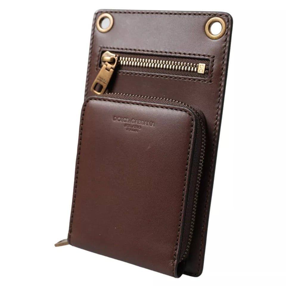 Dolce & Gabbana Brown Calf Leather Zip Logo Shoulder Neck Strap Wallet | Regal Royce