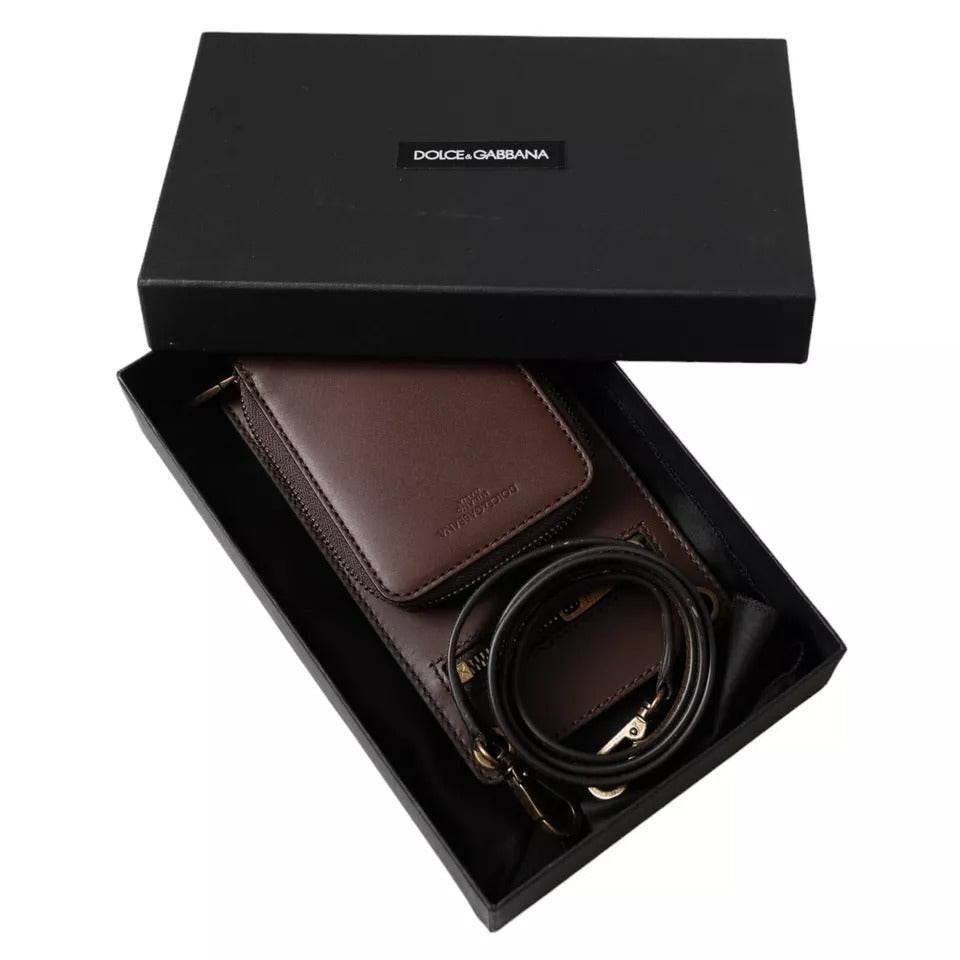 Dolce & Gabbana Brown Calf Leather Zip Logo Shoulder Neck Strap Wallet | Regal Royce