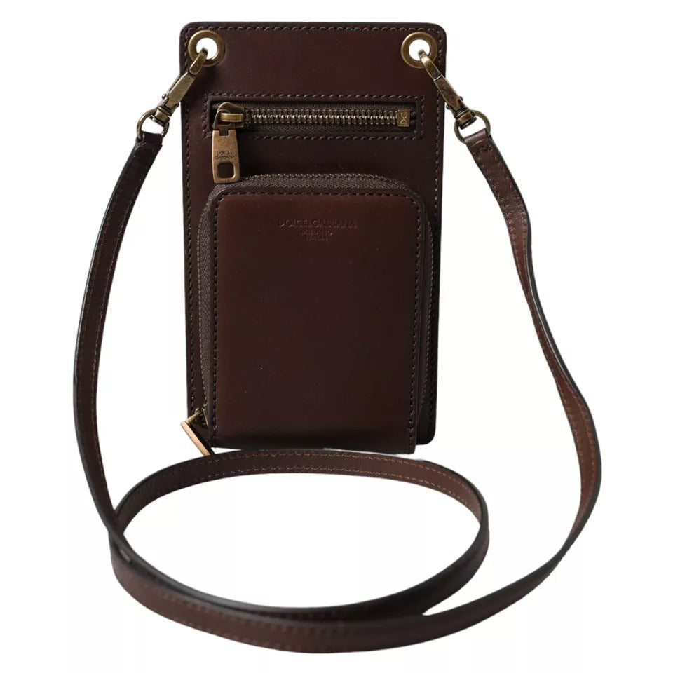Dolce & Gabbana Brown Calf Leather Zip Logo Shoulder Neck Strap Wallet | Regal Royce