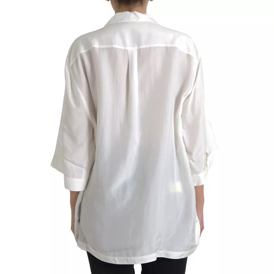 Dolce & Gabbana White Silk Collared 3/4 Sleeves Blouse Top | Regal Royce