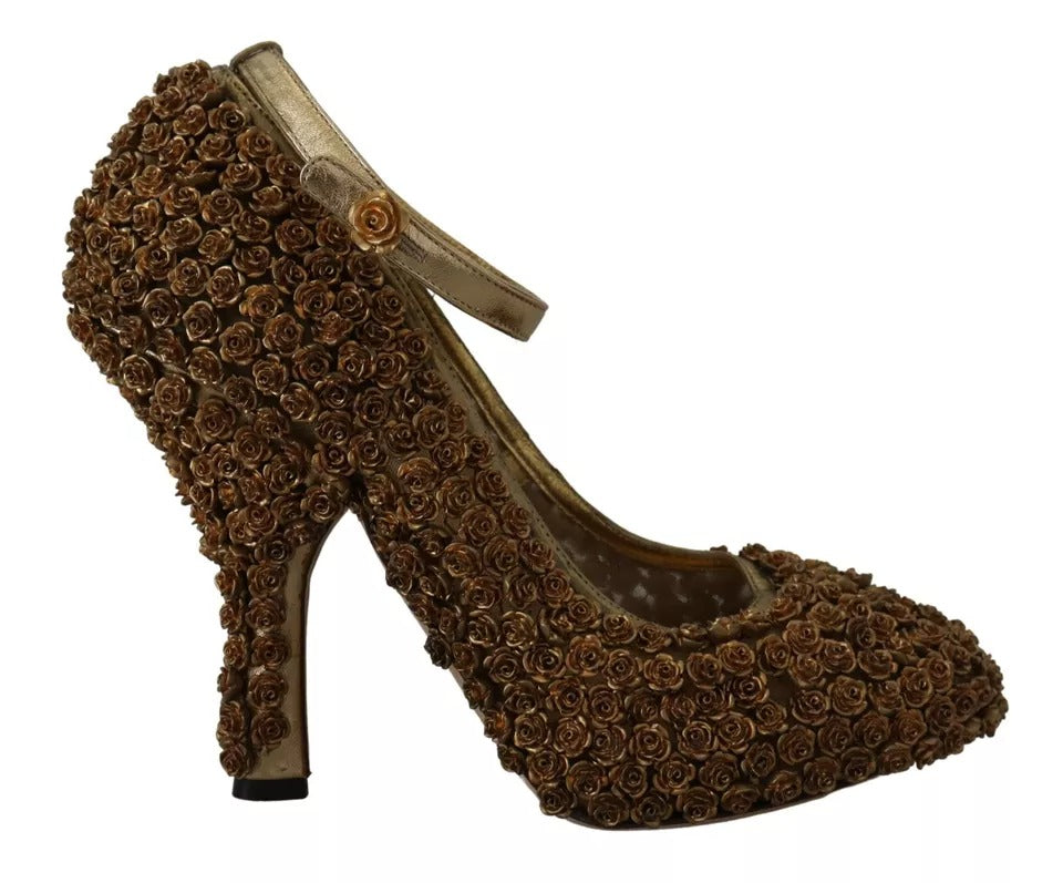 Dolce & Gabbana Gold Roses Embellished Heels Pumps Shoes | Regal Royce