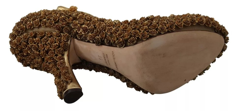 Dolce & Gabbana Gold Roses Embellished Heels Pumps Shoes | Regal Royce