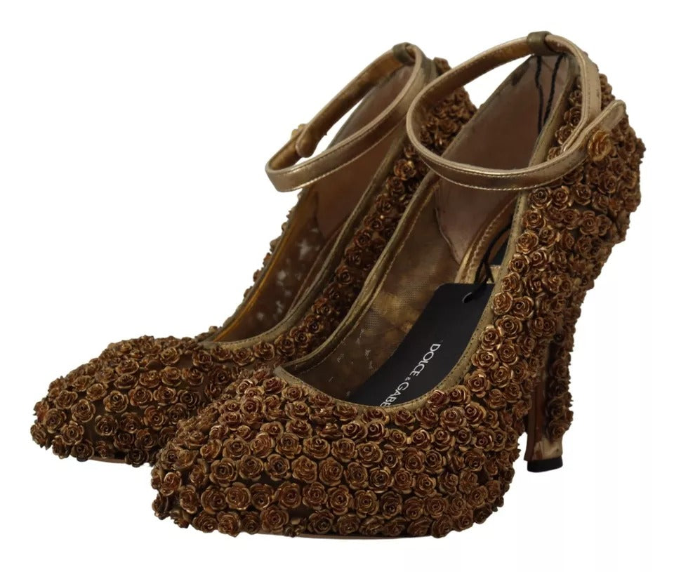 Dolce & Gabbana Gold Roses Embellished Heels Pumps Shoes | Regal Royce