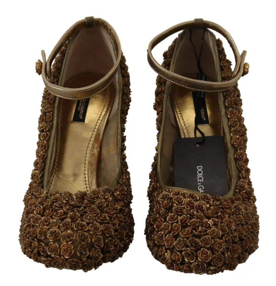 Dolce & Gabbana Gold Roses Embellished Heels Pumps Shoes | Regal Royce