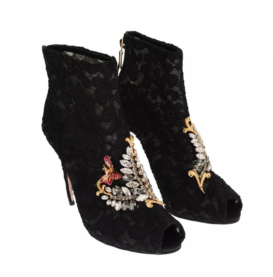 Dolce & Gabbana Black Crystal Lace Booties Stilettos Shoes | Regal Royce