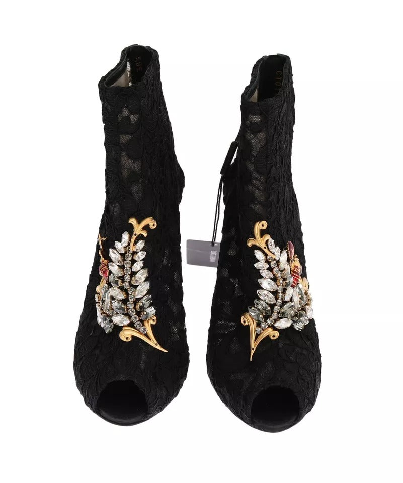Dolce & Gabbana Black Crystal Lace Booties Stilettos Shoes | Regal Royce