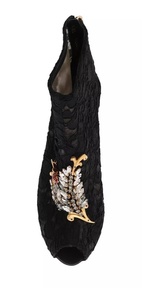 Dolce & Gabbana Black Crystal Lace Booties Stilettos Shoes | Regal Royce