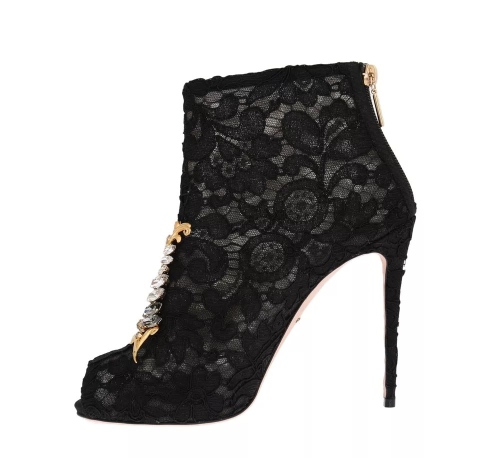 Dolce & Gabbana Black Crystal Lace Booties Stilettos Shoes | Regal Royce