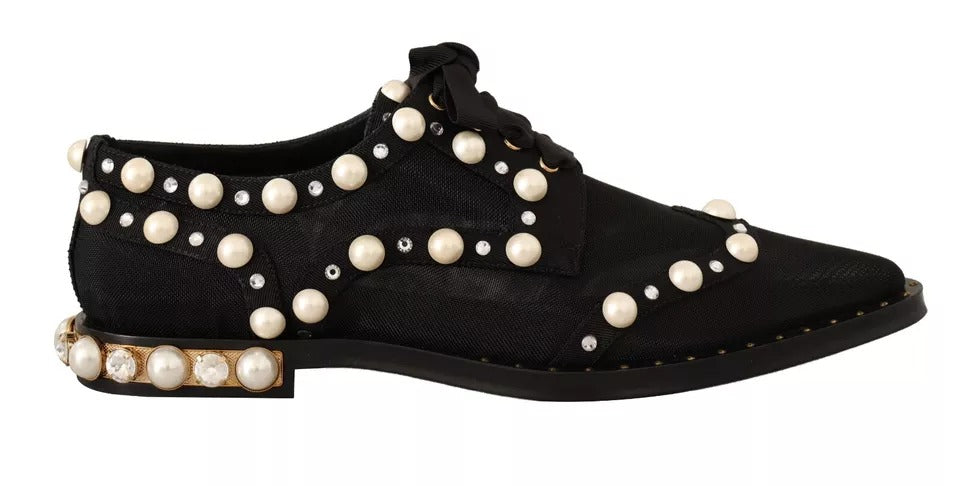 Dolce & Gabbana Black Lace Up Jewelled Formal Flats Shoes | Regal Royce