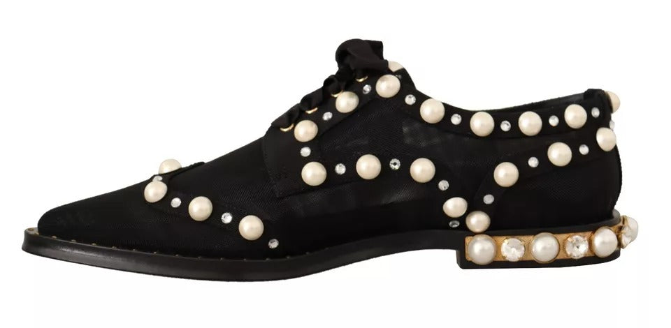 Dolce & Gabbana Black Lace Up Jewelled Formal Flats Shoes | Regal Royce