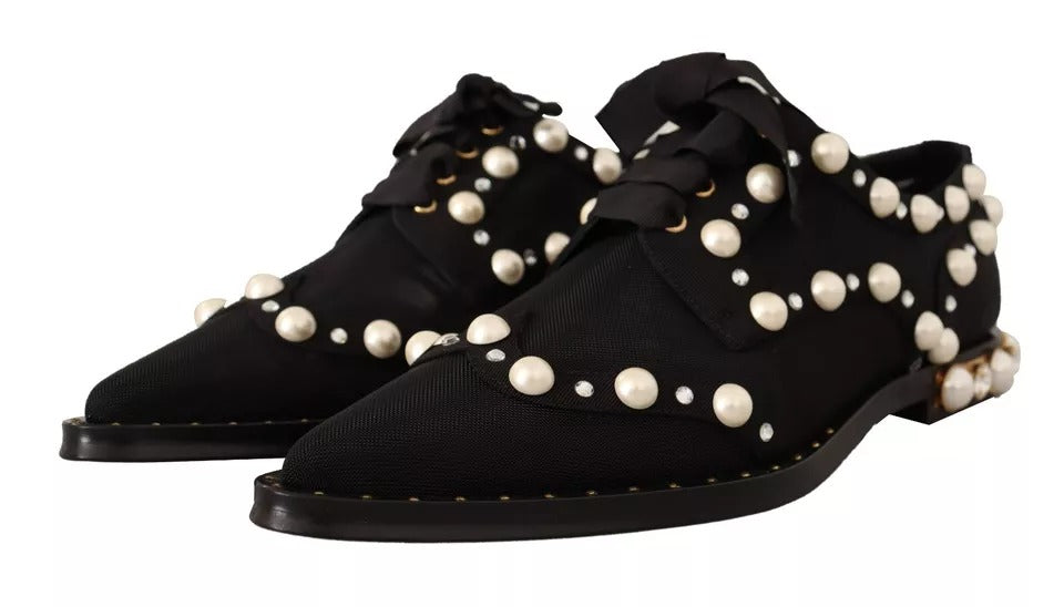 Dolce & Gabbana Black Lace Up Jewelled Formal Flats Shoes | Regal Royce
