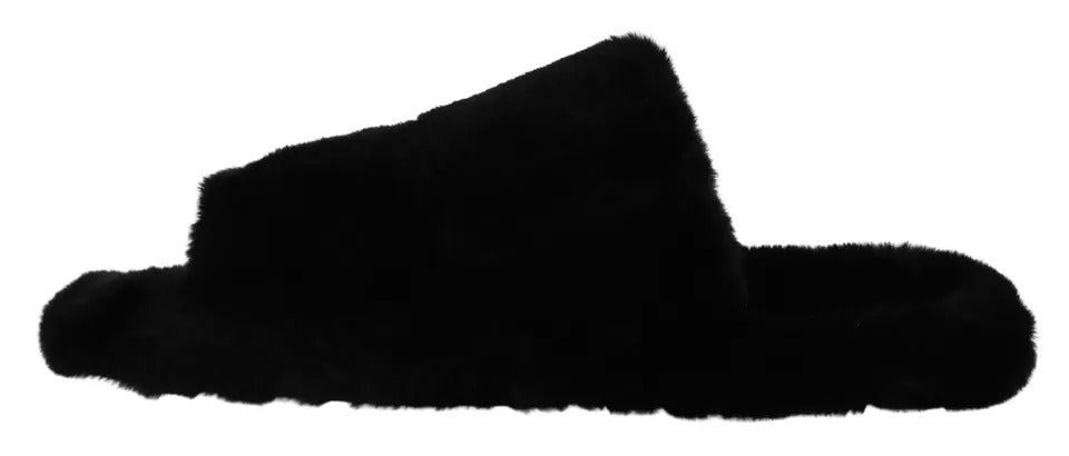 Dolce & Gabbana Black Polyester Faux Fur Mens Flats Sandals Shoes | Regal Royce