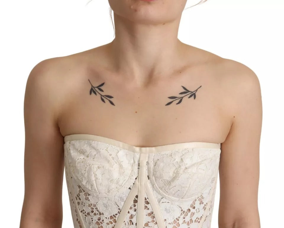 Dolce & Gabbana White Strapless Floral Lace Cropped Bustier Top | Regal Royce