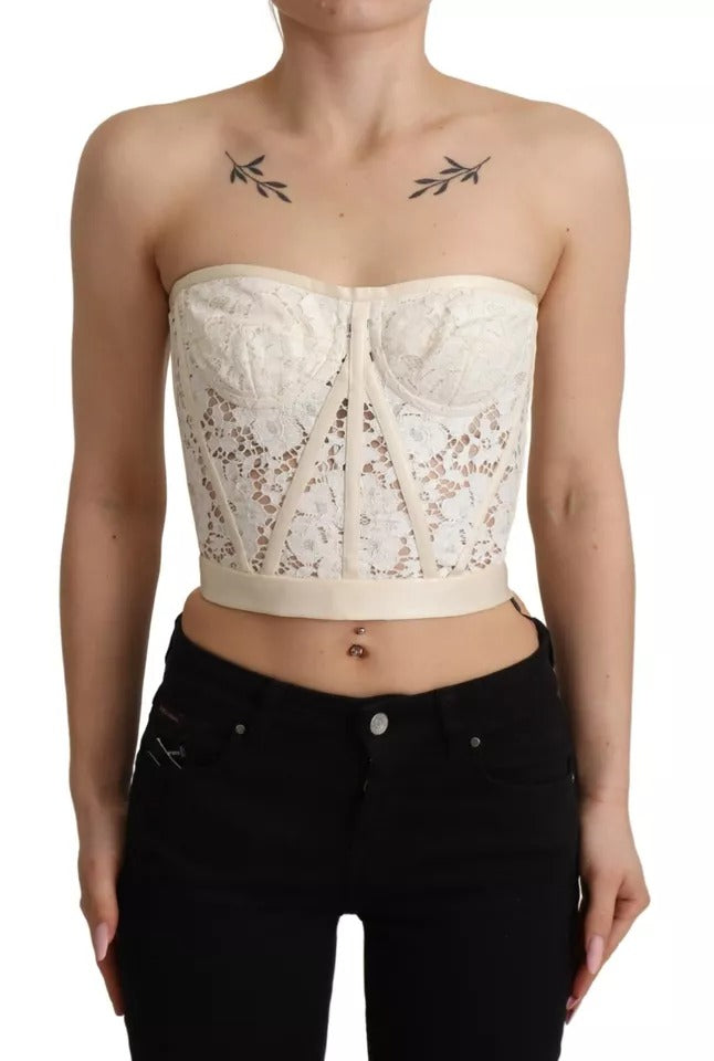 Dolce & Gabbana White Strapless Floral Lace Cropped Bustier Top | Regal Royce