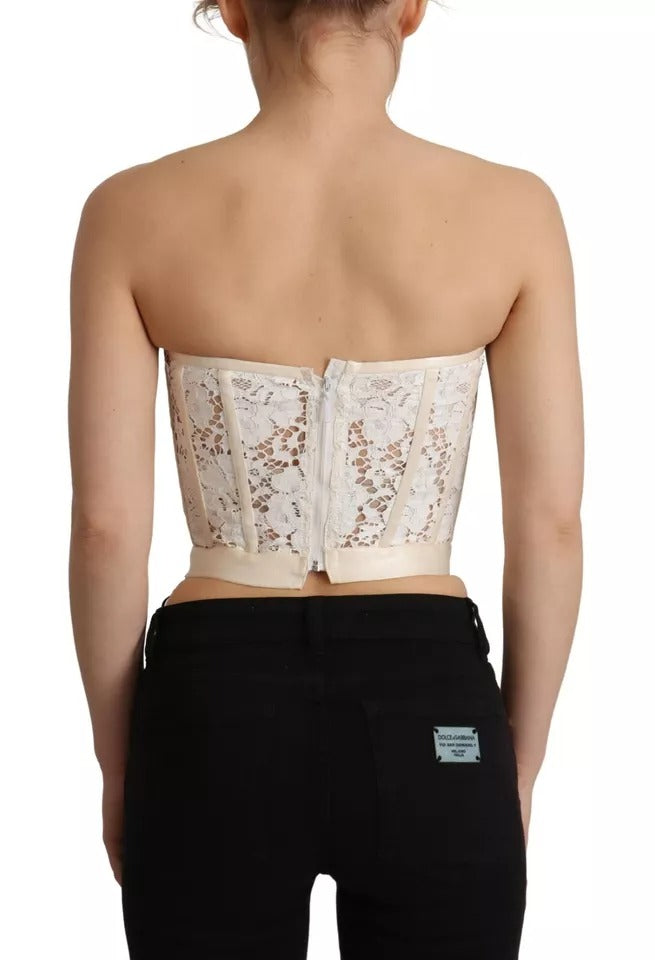 Dolce & Gabbana White Strapless Floral Lace Cropped Bustier Top | Regal Royce
