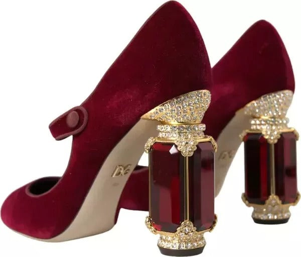 Dolce & Gabbana Red Velvet Gold Crystals Heels Mary Janes Shoes | Regal Royce