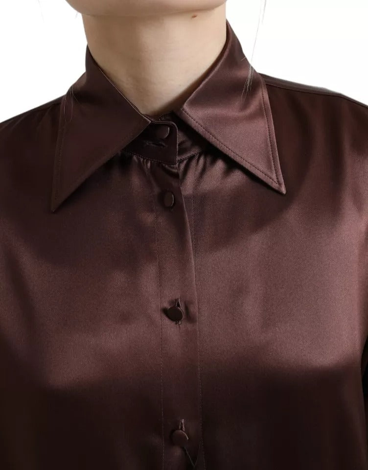 Dolce & Gabbana Brown Silk Collared Long Sleeves Top Blouse | Regal Royce
