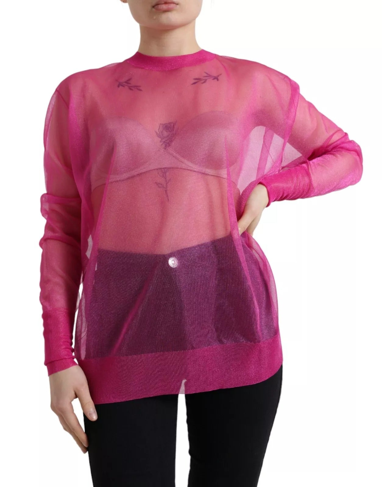Dolce & Gabbana Pink Sheer Long Sleeves Crewneck Top Blouse | Regal Royce