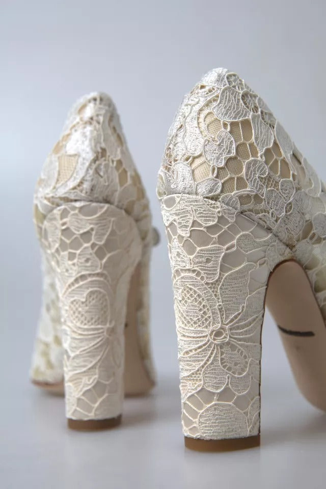 Dolce & Gabbana White Lace Crystals Heels Sandals Shoes | Regal Royce