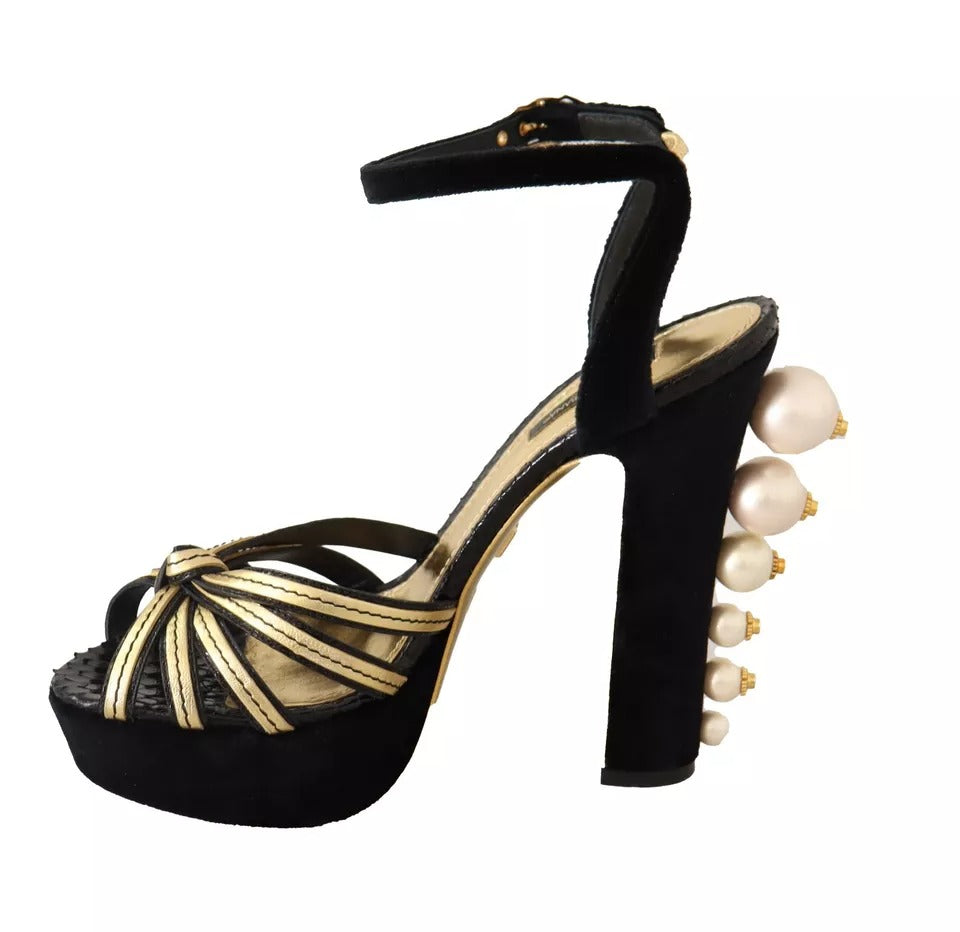 Dolce & Gabbana Black Gold Bianca Faux Pearl Sandals | Regal Royce