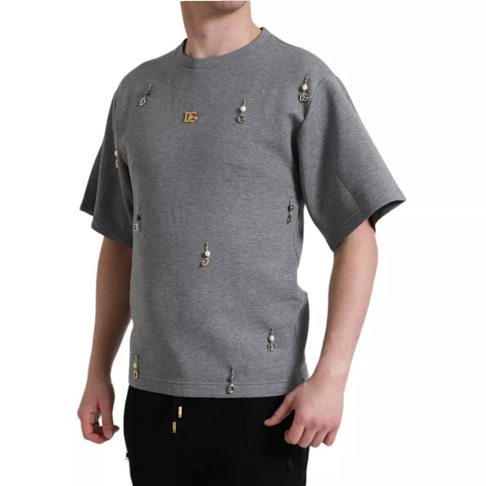 Dolce & Gabbana Gray Cotton Embellished Crew Neck  T-shirt | Regal Royce