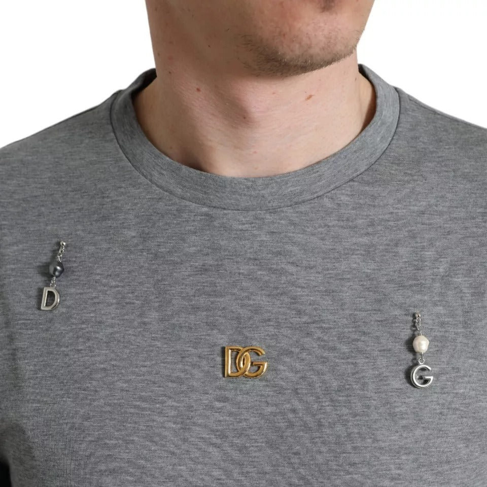 Dolce & Gabbana Gray Cotton Embellished Crew Neck  T-shirt | Regal Royce