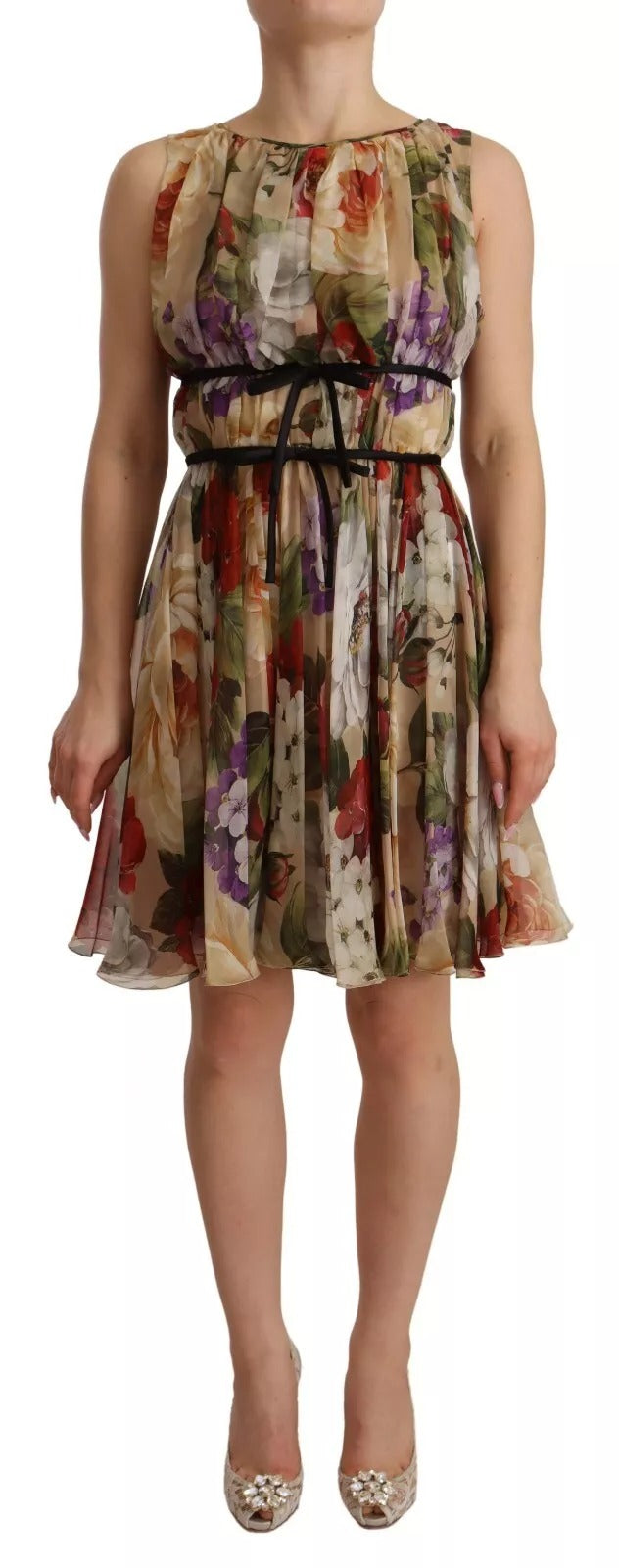 Dolce & Gabbana Beige Floral Sleeveless Round Neck Mini Dress | Regal Royce