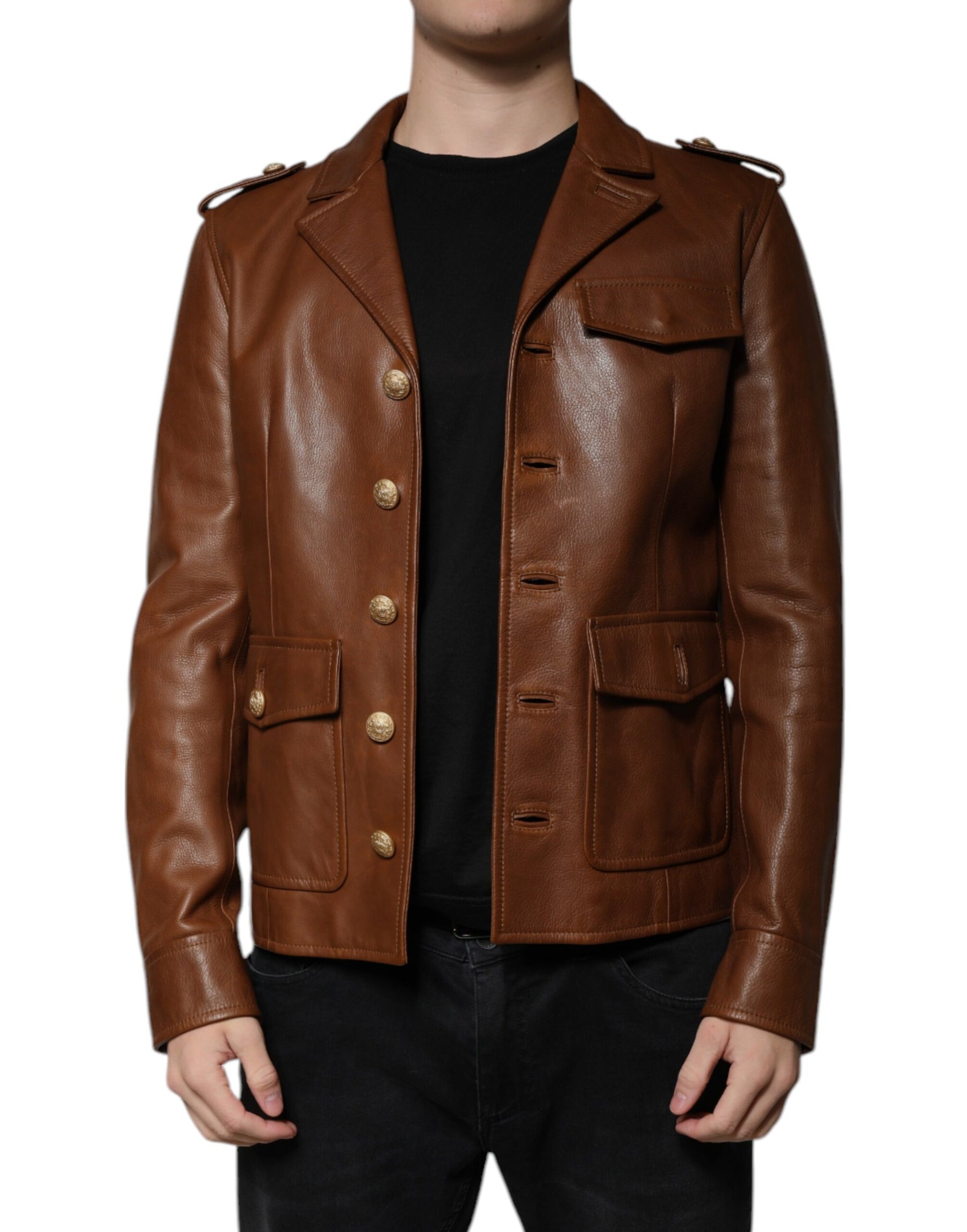 Dolce & Gabbana Brown Calfskin Leather Button Down Jacket | Regal Royce